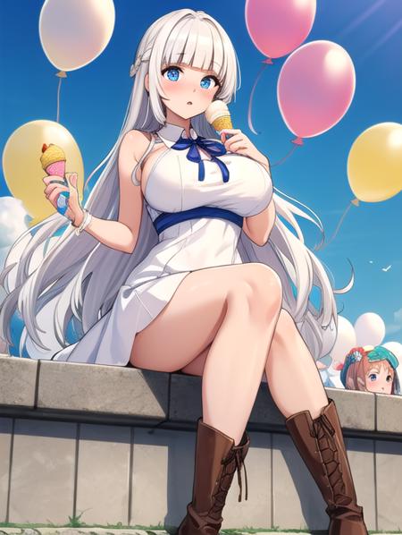 best quality, masterpiece, highres, detailed, perfect anatomy,  <lora:Detail - add_detail:0.2>, mylene, blunt bangs, white hair, mature female, milf, large breasts, blue eyes, white dress, blush, school festival, surprised, balloons, long hair, lora:MyleneRH-10:0.8>, brown boots, blue ribbon, holding ice cream,