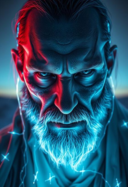 A symmetric portrait of a male, evil frozen necromancer, features dissolving into frozen magic thin, luminescent blue lines. Weighted Voronoi stippling and laser caustics create a network, transitioning from hyperrealistic detail to abstract, quantum-inspired forms. Ethereal hues blend, evoking existential transition and mystery. Close-up on face, evil skull partially visible. Set against a twilight arctic backdrop, icy winds ripple through his tattered robes. Rendered in a fusion of photorealism and digital surrealism, the scene is illuminated by ghostly Northern Lights. Emphasis on cold, menacing atmosphere, invoking Nordic myths