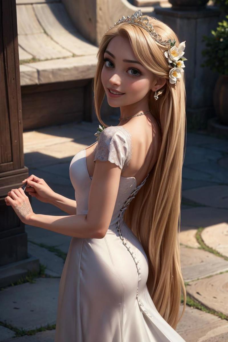 A beautiful blonde woman with a white flower in her hair.