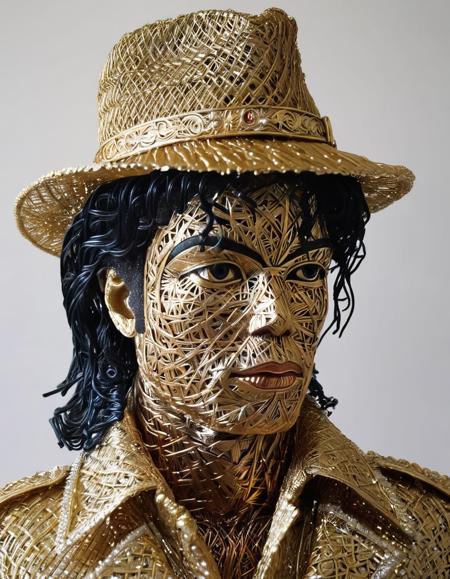 wire sculpture, michael jackson, upper body, hat, simple background, white background, 1boy, looking at viewer, beautiful, delicate, intricate, highly detailed, cinematic, artistic, sharp focus, modern fine classic, great composition, dramatic atmosphere, dynamic light, epic, ambient, elaborate, thought, iconic, imposing, rich detail, professional, creative, awesome
 <lora:WiredXL:1>, , <lora:FILM_PHOTOGRAPHY_STYLE:0.25>