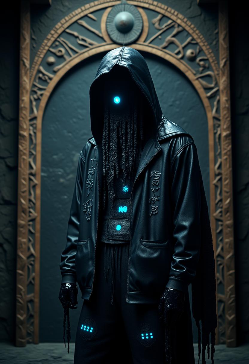 In this captivating image, we behold the ethereal presence of Nightmare!Sans, a sinister and otherworldly incarnation of the beloved Sans character from Undertale. His form is cloaked in a viscous black goop, exuding an aura of darkness and malice. He dons a jet-black goopy jacket and shorts, adorned with glowing cyan runes that hint at arcane powers beyond our comprehension. Tentacles protrude from his body, suggesting a deeper connection to the abyssal depths of the world.  His eye, concealed beneath a thick, gelatinous substance, is outlined in a menacing cyan hue, reminiscent of the PerfectEyes style. The background of the image showcases a stunning piece of artistry by Brandon Mably and Anni Albers, depicting an ancient artifact with earthy tones and intricate geometric patterns, evoking the mysterious beauty of Kashyyyk.  The photograph captures this enigmatic object in perfect focus, its every detail rendered with moody lighting and film grain, creating an atmosphere of age and mystique. Taken using a Fujifilm XT3 camera at an aperture of F/8, the image demonstrates the camera's unparalleled ability to capture even the most elusive moments of beauty and wonder.  Overall, this haunting image is a testament to the artist's mastery of both visual storytelling and technical prowess, transporting us to a realm of shadows, secrets, and untold power. ,<lora:aidmaMJ6.1-FLUX-V0.3.safetensors:1.0> ,