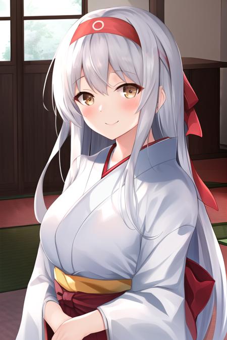 masterpiece, best quality, highres, solo, {shoukaku_kantaicollection:1.10}, long_hair, hairband, white_hair, brown_eyes, smile, headband, muneate, blush, 1girl, japanese_clothes, looking_at_viewer, upper_body