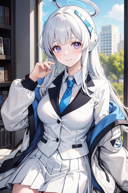 <lora:noa:0.8>noa(blue archive), long sleeves, jacket, closed mouth, purple eyes, long hair, collared shirt, necktie, pleated skirt, off shoulder, window, open clothes, 1girl, halo, id card, looking at viewer, mechanical halo, formal, headphones, white hair, solo, smile, white skirt, suit, very long hair, white shirt, open jacket, white jacket, blue necktie, white suit, skirt, shirt