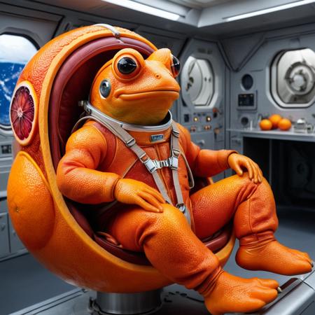 a human frog mutant formed from blood oranges in the pilot seat of a space ship in space, with large eyes <lora:blood_orange_world_morph_sdxl:1>  realistic, orange (fruit)
wearing an orange space suit