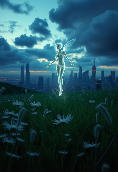 In a dreamlike scene, a fragile, luminescent being with an ethereal aura levitates above a vibrant, emerald-green meadow, surrounded by wispy, feathery wildflowers that seem to glow in the fading twilight. In the distance, a cityscape rises, its skyscrapers and towers twisted and distorted, as if reflected in a funhouse mirror. The atmosphere is heavy with an air of mystery and foreboding, with dark, velvety clouds gathering on the horizon. The being's presence is both captivating and unsettling, its radiance illuminating the surreal landscape. The colors are rich and muted, with deep blues and purples contrasting the soft, green hues of the meadow, evoking a sense of wonder and unease.