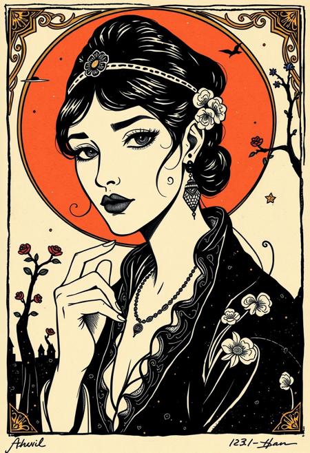 A character drawn in bold black ink, art nouveau, portrait, scene