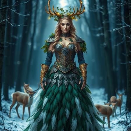 A powerful and ethereal look inspired by a warrior goddess who protects the winter forest. The outfit combines elements of nature and fantasy armor: a bodice made of interwoven holly leaves and bark-like leather, with metallic accents resembling icicles. The skirt is a cascade of long, flowing feathers in shades of emerald green and frosty white, resembling a snow-covered forest. The model wears a headdress of antlers adorned with glowing fairy lights and mistletoe, and her arms are wrapped in golden bracers engraved with snowflake patterns. She stands in an enchanted forest, with animals like deer and owls gathering around her. Keywords: warrior, holly, feathers, antlers, snowflake, mistletoe, enchanted forest, armor