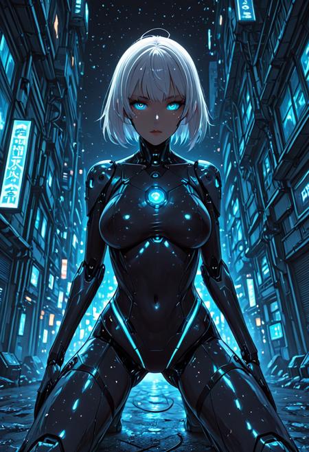 anime, masterpiece, best quality, amazing quality, very aesthetic, absurdres, newest, 8k, anime 1girl, android, gray skin, white hair, thin limbs, medium breasts, cybernetic joints, mechanical parts, robotic seams, strings on arms, strings on legs, glowing blue neon strings, head tilt, expressionless, head down, slumped, sitting in chair, science fiction, futuristic background, interior, window, city background, blurry background, night, blue ambient glow, dynamic lighting, detailed background, dramatic lighting, depth of field, volumetric lighting, mobe-cybideen,