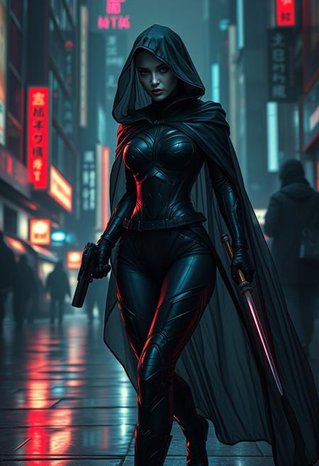 A sleek, deadly figure blending traditional and futuristic cyberpunk aesthetics. Dressed in a tight, black armored bodysuit interwoven with advanced technology, the sexy beautiful woman moves silently, like a shadow. Her face is is hidden within the deep hood of a cloak that flows around her, the cloak is made of a futuristic light bending technology that appears to create a rough transparency, the edges of the cloak are radiating an eerie, faint blue light. her gear includes a traditional samurai wakizashi and a futuristic plasma pistol. The environment is dimly lit, with neon reflections bouncing off the metallic surfaces of a sprawling cyberpunk cityscape at night with people avoiding the figure out of fear,