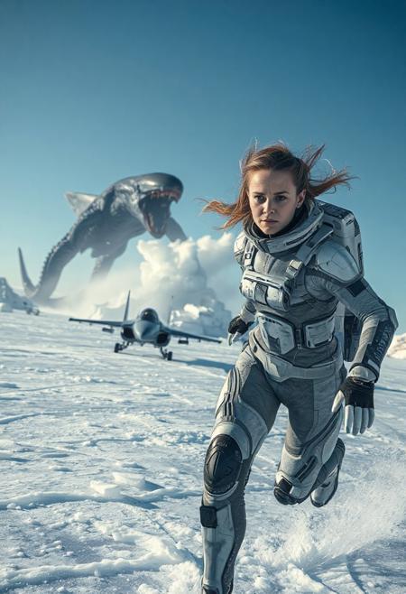 ront view of a young teriified woman wearing a sophisticated futuristic spacesuit is running really fast on an arctic ice sheet, in the distant background is an angry huge massive grotesque detailed horrific unnatural alien creature with tentacle that is bursting out of the ice sheet and chunks of ice are scattered and it is destroying and attacking a small fighterjet style spaceship on landing gear on the ice, blue sky, windy, cold, extreme attention to detail, cinematic scene, award winning photography