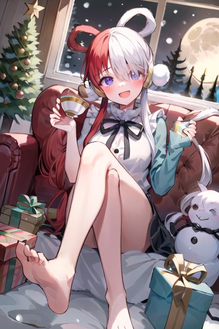 <lora:utaonepiece-000030:0.7>,utaonepiece, 1girl, solo, cup, barefoot, holding, feet, shirt, gift, looking at viewer, moon, sitting, soles, open mouth, full moon, frills, night, smile, toes, black skirt, crossed legs, holding cup, bangs, gift box, blush, window, bare legs, teacup, snowman, christmas, dutch angle, sky, yellow ribbon, christmas tree, ribbon, long sleeves, :d, night sky, frilled skirt, snowing, wide sleeves, box, indoors, open robe, collared shirt