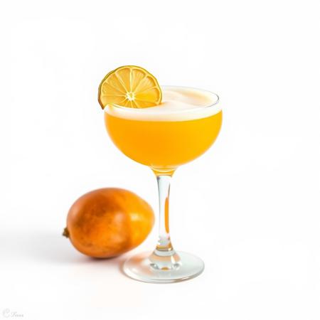 simple product Photography image on a plain, blank, pure 100% bright white background of a foamy mango pisco sour in coupe glass with dried lime wheel garnish and a mango beside it. zoomed out.