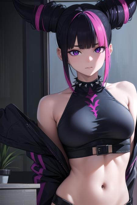 jurihan, <lyco:jurihan-lyco-nochekaiser:1>,
juri han, asymmetrical hair, black hair, (diagonal bangs:1.5), hair horns, medium hair, multicolored hair, (purple eyes:1.1), pink hair, two-tone hair,
BREAK black collar, chinese clothes, collar, crop top, navel, spiked collar, spikes, pants, baggy pants,
BREAK indoors,
BREAK looking at viewer, (upper body:1.5),
BREAK <lyco:GoodHands-beta2:1>, (masterpiece:1.2), best quality, high resolution, unity 8k wallpaper, (illustration:0.8), (beautiful detailed eyes:1.6), extremely detailed face, perfect lighting, extremely detailed CG, (perfect hands, perfect anatomy),