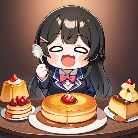 minigirl, tsukino_mito, nijisanji, virtual_youtuber, chibi, black_hair, long_hair, hairclip, blazer, looking_at_viewer, solo, standing, oekaki, rough, 0w0, open mouth, m4_sopmod_ii_jr, pudding, pancake, strawberry, happy, holding_spoon, food, dinner, on_table, 
masterpiece, best quality,