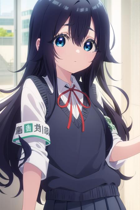 shizukayoshimoto, <lora:shizuka yoshimoto s1-lora-nochekaiser:1>,
shizuka yoshimoto, long hair, bangs, blue eyes, black hair, hair between eyes, wavy hair,
BREAK skirt, shirt, ribbon, school uniform, white shirt, pleated skirt, red ribbon, neck ribbon, armband, sweater vest,
BREAK indoors, classroom,
BREAK looking at viewer, (cowboy shot:1.5),
BREAK <lyco:GoodHands-beta2:1>, (masterpiece:1.2), best quality, high resolution, unity 8k wallpaper, (illustration:0.8), (beautiful detailed eyes:1.6), extremely detailed face, perfect lighting, extremely detailed CG, (perfect hands, perfect anatomy),