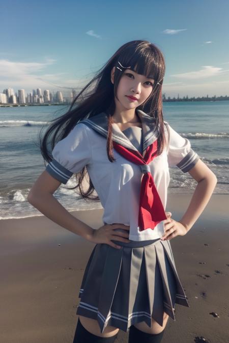 ltra-detailed,highly detailed,best quality,masterpiece,illustration,realistic,photorealistic,
llas, cosplay, 1girl, solo,
school uniform, serafuku, sailor collar, short sleeves, red neckerchief,  pleated skirt,thighhighs, 
long hair, bangs,hair ornament, 
looking at viewer, hands on hips, head tilt, cowboy shot,
photo background, beach,sea,waves, skyline, 
 <lora:llas_v1_05:0.9>