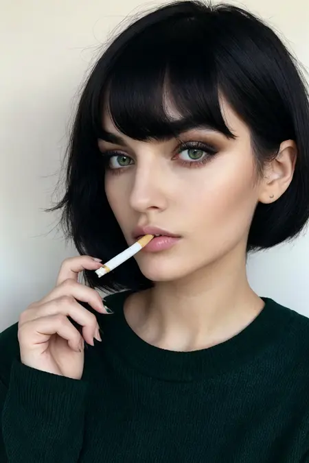 Cigarette in mouth.