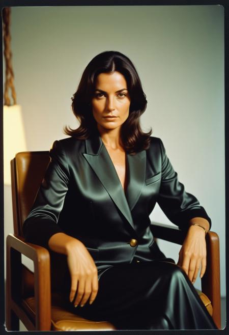 Studio portrait of a Studio portrait Female legendary German leader, middle-aged (30s), driven and confident, visionary leader, intense focus with quiet strength, strategic thinker, deep brown eyes with a warm glow, olive skin with fine lines, sleek black hair with a silky sheen, striking features, sitting backward on a chair, rebellious and unconventional, captured with Polaroid SX-70 Polaroid SX-70 integrated lens, soft focus with vintage charm on Fuji FP-100C, vivid colors with glossy finish, with heavy grain for a gritty texture, Museum: archival quality, finest detail, platinum-palladium print. Stil: Helmut Newton: provocative, glamorous. wearing sleek black blazer over a silk blouse, in 1960s hippie, free and colorful, golden hour light with a warm glow. Atmosphäre: on a rainy afternoon with soft, diffused glow. Ausdruck: eyes blazing with unspoken fury. Gesamteffekt: commanding respect, impressive presence, capturing authority