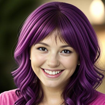 A cute beautiful young woman with colorful hair smiles playfully at the viewer