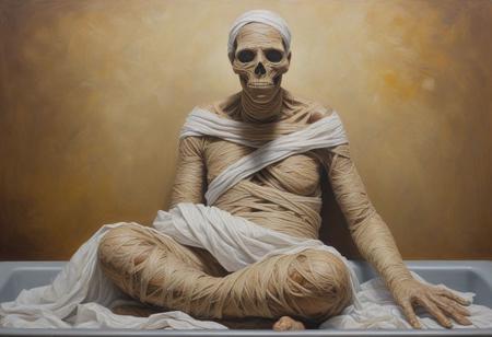 (masterpiece:1.3), (best_quality:1.3), (ultra_detailed:1.3), extremely ultra intricately detailed, colorful, beautiful, aesthetic, extremely_delicate, fantasy, oil painting, a mummy wrapped in toilet paper
