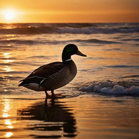 A duck engaging in prayer silhouetted against a tumultuous ocean at sunrise, feathers detailed to shimmer with the golden ratio in a UHD, photo-realistic, artistic masterpiece, highlighting the natural tranquility in chaos, golden hour lighting, ultra fine, dramatic