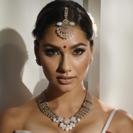 orna, traditional indian jewellery,closeup,indoor, white studio, (white flooded room:1.2), (vogue|high fashion) photography, (close up shot:1.1), a stunning blonde woman woman wearing red cutout dress, (white sheer stockings:1.1), classic hair style, elegant hairstyle, swept-back hairstyle, perfect body, subsurface scattering, oily skin, glossy skin, striking composition, strong and assertive pose, glamour, allure, sharp focus, high-contrast, dramatic lighting, Hasselblad 500C camera, 20mm medium format film  ,<lora:IndianBridalLook-000004:1>