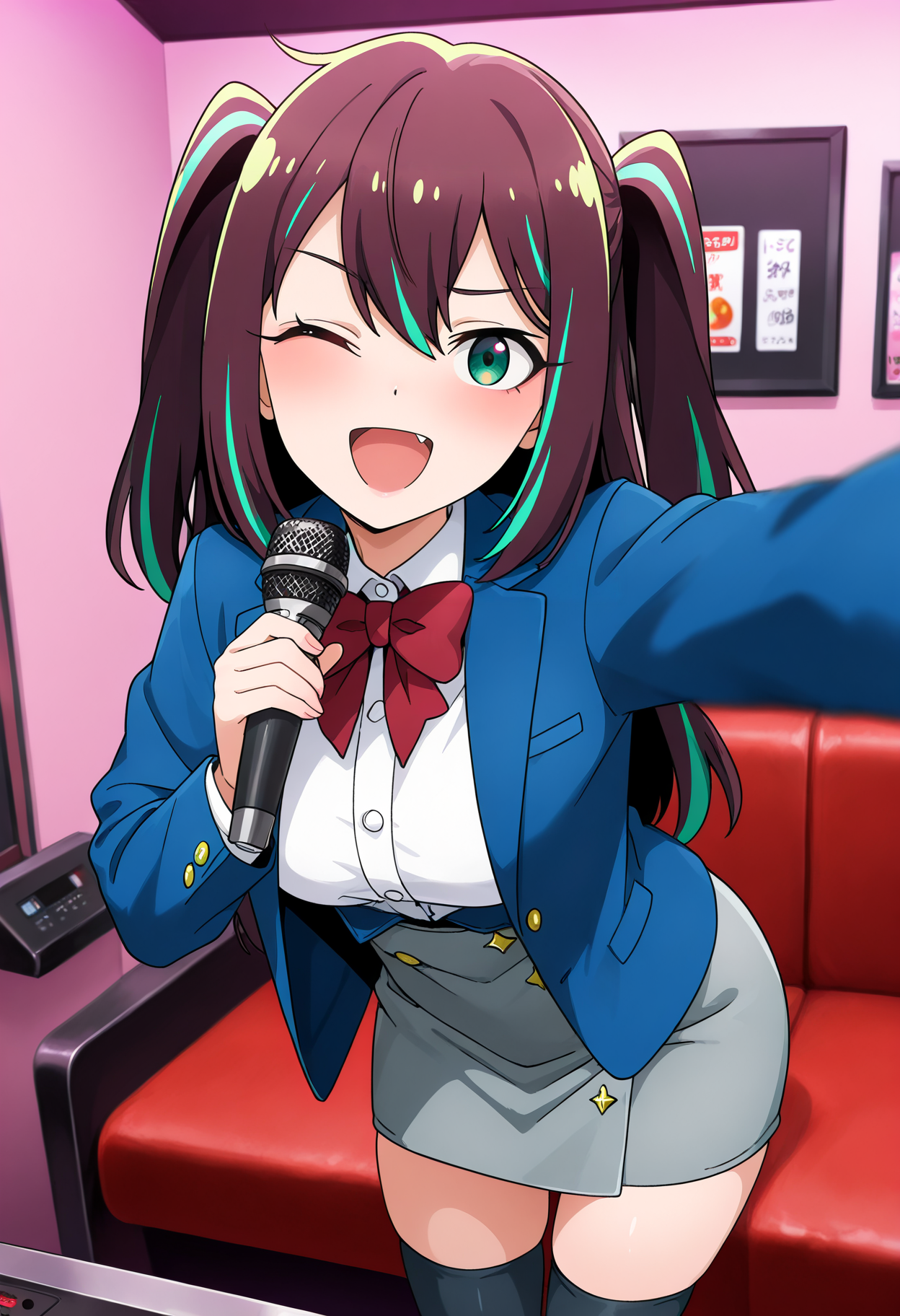 A young woman with green eyes and brown hair with light green highlights, styled in twin tails. She is wearing a blue blazer with gold buttons, a white blouse with a red bow tie, a short gray skirt, and black leggings. She holds a microphone in her right hand, winking and smiling with an open mouth. The background depicts a pink-walled room with a red leather couch and a table.