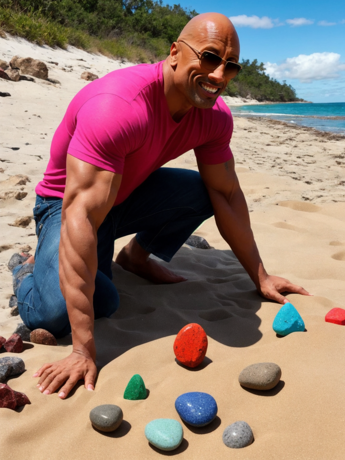 dwayne johnson the rock dressed up as a barbie playing with rocks on a beach