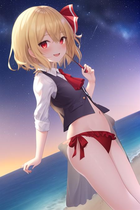 masterpiece, best quality, highres, solo, {night:1.10}, {starry sky:1.10}, beach, beautiful detailed sky, {extremely detailed background:1.20}, {rumia_touhou:1.10}, {standing:1.10}, looking at viewer, {bikini:1.30}, blonde_hair, ribbon, short_hair, hair_ribbon, red_eyes, vest, smile, red_ribbon, ascot, open_mouth, light smile