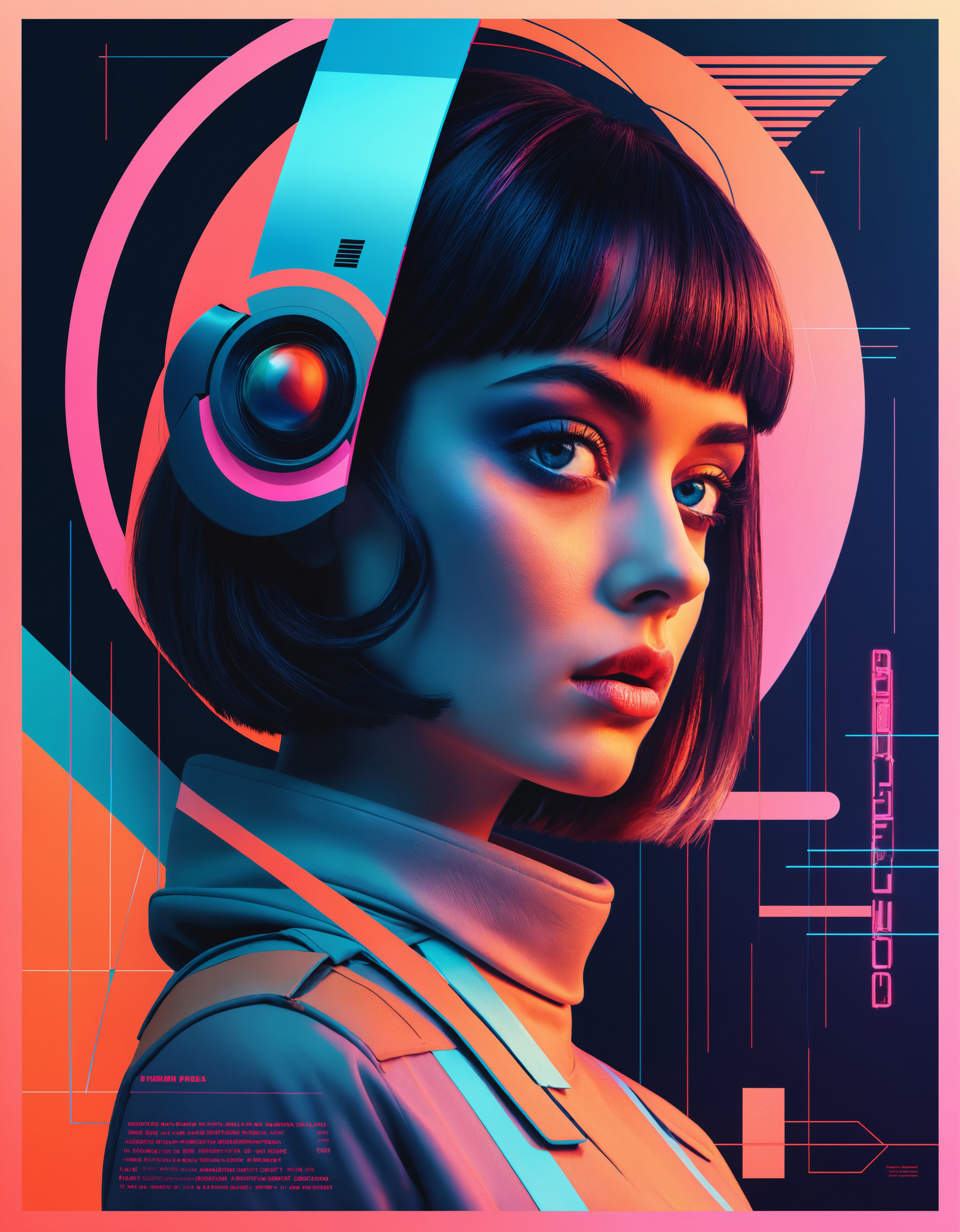 women, flat shading, bizarre technology, faded colors, faded bright colors, cyber-inspired typography, futuristic imagery,...