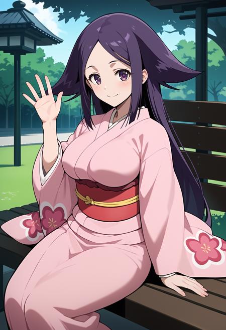 aaoharu, long hair, purple hair, hair flaps, purple eyes, large breasts, japanese clothes, print kimono, pink kimono, long sleeves, obi, sash