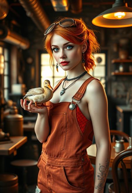 Photorealistic photography of steampunk workshop environment, with a feminine alchemist featuring ginger hair, blue eyes, beautiful figure in a overalls and a orange bra, wearing satanic accessories, necklace, punk style ear piercing,
standing, Balancing a duck on the palm of hand looking confident.
Soft ambient light, enhancing the warm workshop atmosphere.
Warm, natural light streaming in through the dirty windows.
8K resolution for ultra-high detail.
Hyperrealistic textures for maximum realism.
Photorealistic rendering for a lifelike appearance.
Ultra-sharp focus on key elements.
Cinematic color grading for a filmic look.
Dynamic range to capture the full spectrum of light.
High dynamic range (HDR) for balanced lighting.
Soft focus on background elements to create depth.
Fine detail enhancement for intricate textures.
Ultra-high contrast for dramatic effect.
Realistic depth of field for a natural look.
Vivid color saturation for a vibrant scene.
Sharp edge detailing on the character and cafe furniture.
Smooth gradient transitions for a polished look.
Subtle vignetting to focus attention on the character.
Enhanced clarity on all elements.
Realistic motion blur for any movement.
Perfectly balanced lighting for a natural feel.
Natural color tones for the cafe and character.
Crisp shadow definition for high detail.
Warm, inviting color palette for a serene atmosphere.