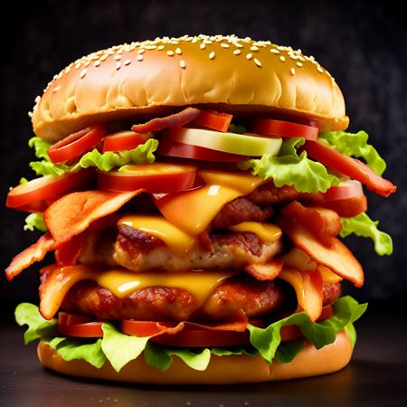 photo (QuadBurger style:1) a large hamburger with bacon, cheese, lettuce, tomato and <lora:djzQuadBurgerV21:1>