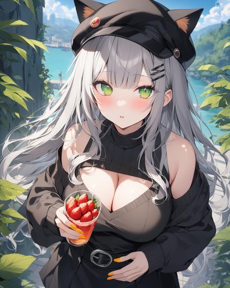 1girl,solo,long hair,looking at viewer,blush,bangs,skirt,large breasts,long sleeves,cleavage,bare shoulders,green eyes,white hair,grey hair,multicolored hair,outdoors,parted lips,day,hairclip,cat ears,nail polish,animal ear fluff,sleeves past wrists,clothing cutout,black headwear,fake animal ears,leaf,holding cup,black belt,strawberry,cabbie hat,black sweater,yellow nails,orange nails,
masterpiece, best quality