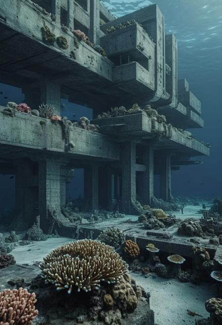 Underwater brutalist architecture buildings of lost civilization, moody, darkness, massive buildings, old concrete surface covering with coral reefs, bruut0lizm architecture. The architecture of the building was created by an inhuman race, precisely by extraterrestrial technologies. Realistic, detailed.