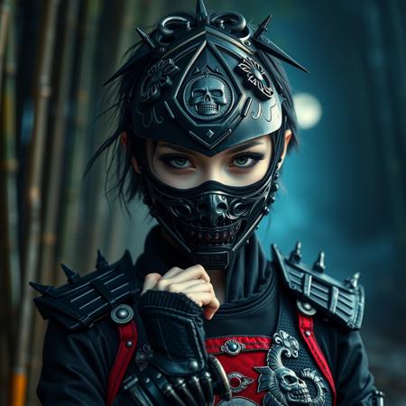 1girl, beautiful pwoman, black hair, short messy hair, 25 yo,, ((beautiful smile))), black lips,(exotic dancer on a stage :0.9), detailed eyes, photorealistic eyes, distance shoot, green eyes, black eye shadow, eye liner, big eyelashes, A photorealistic full-body vertical portrait of a fierce emo samurai girl with pale skin and sharp, aggressive features. She wears intense goth makeup: heavy black eyeliner, dark eyeshadow, and a cold, defiant gaze. Her expression is intimidating and powerful. She dons a dark, gothic-style mengu mask with spiked elements, skull motifs, and intricate metallic engravings. Her tribal-style samurai armor is infused with goth-punk aesthetics—black leather, crimson velvet inlays, turquoise threadwork, and jagged ornamental patterns. Her stance is strong and confrontational in a moonlit bamboo forest. The atmosphere is moody and cinematic, with soft bokeh, dramatic lighting, and a grainy 16mm film look. Highly detailed, rich in emo and goth influence, with no text or letters in the image.

Simulating Kodak Ektacolor Pro 160, with a custom white balance at 5500K. cinematic lighting, analog film, film grain, kodak chrome, cool cinematic tones,high contrast, sharp details, with moody lighting that adds depth,. (cinematic atmosphere:1.3), deep photo, depth of field, (black hair)), , (ambient occlusion), (cinematic lighting:1.3), (4K image quality:1.3), (sharp detail:1.3), (highly realistic:1.3), (dim warm cinematic lighting:1.3)

