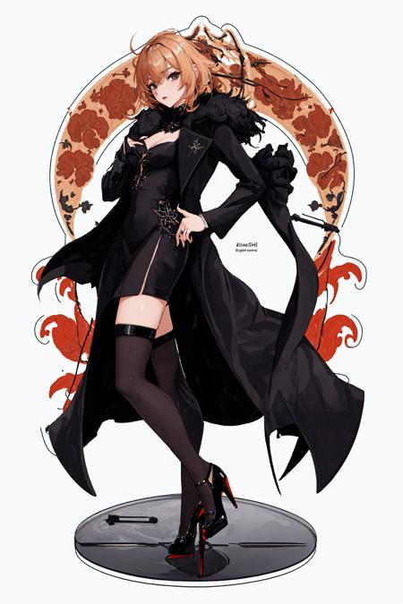 best quality, masterpiece, 4k, high detailed, genshin_stand, (black long coat:1.2), (black high heels:1.2), (short dress:1.2), <lora:genshin_stand_v1:0.75>, white background, simple background