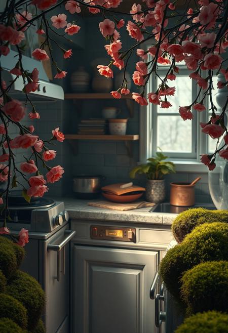 masterpiece, 4k, 8k, sharp, a photography of a cozy vintage kitchen full of a vegetation with cherry blossoms made of opal like product visualization, it has very intricate details that are orange embedded in the skin, the light is cinematic and like a studio lighting. the vegetation with moss is on a background opalescence.
detailmaximizer, Midjourney_Whisper <lora:[Flux1]_aidmaPsychadelicChaosWorld-FLUX-v0.1:0.3> <lora:[Flux1]_aidmaImageUpgrader-FLUX-V0.1:0.1> <lora:[Flux1]_midjourney_whisper_flux_lora_v01:0.6> <lora:[Flux1]_Painted_World_Flux:1>