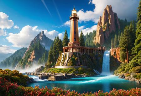 (masterpiece:1.5), unreal 8k wallpaper, unity 8k wallpaper, score 9, score 8 up, score 7 up, masterpiece_portrait, extreme quality, reflection, surface reflection, dynamic lighting, Cinematic style, cinematic quality, ((no humans, no people)), a spectrum of iridescent colors, precise, fractal design, flowing curves, precision, colorful, fractal geometry, harmonic interference, digital illustration, photo manipulation, altered realities, fantastical scenes, digital artistry, striking visuals, sharp focus, detailed background, light reflection, a elegant architecture of boundless opportunities, (an huge brass futuristic lighthouse sitting on top of an enormous marble base), a beautiful huge brass futuristic lighthouse sitting on top of an enormous marble base at the rim of a enormous redwood forest, mountains in the background, enormous redwood trees, (a flowing stream with a waterfall), realistic, photorealistic, blue sky, fluffy clouds, beautiful world, long forgotten, flowing water, fluid architecture, glowing flowers, luminescent water, shiny marble, sharp background details, highly detailed brass futuristic lighthouse, polished metal, fluffy clouds, mist, fog, ultra detailed landscape,