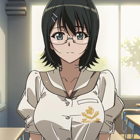 yorihime nao, glasses, large breasts,  hairclip,  school uniform, classroom, upper body, facing viewer,  <lora:yorihime_nao_v2:0.8>, masterpiece, best quality