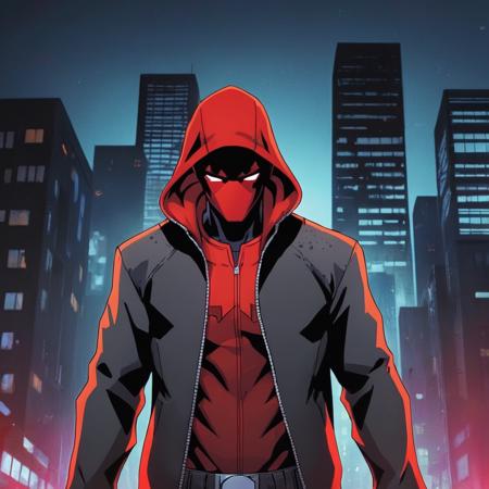 anime artwork of  <lora:Red Hood:1.2>
Red Hood a man in a red hoodie and a black jacket in Gotham city universe, anime style, key visual, vibrant, studio anime,  highly detailed