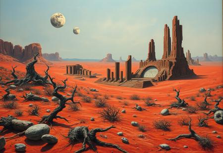 Masterpiece classical oil painting style, surrealism, absurdism, impressionism, intricately detailed, showing a vast alien fantasy dystopian, red sand landscape, dead vegetation, the ruins of a once great alien civilization, brush strokes, masterfully layered and textured paint gives a true sense of depth to the painting, multiple moons in the sky lend a slight blue cast to the whole scene, achieved by a blue wash applied over the finished painting,
