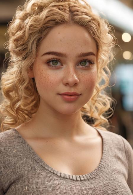 1girl, half-angloirish, 1/4desi 25%, portrait, headshot, cute model, Long thick Maxi Skirt, Knit tube top, swept back hair, alluring smile, working at a clothing store, perfect eyes, highly detailed beautiful expressive eyes, detailed eyes, 35mm photograph, film, bokeh, professional, 4k, highly detailed dynamic lighting, photorealistic, 8k, raw, rich, intricate details, identical iris, curly blonde hair, pale skin, freckles, (Greeneyes 1:1), curvy, plump, bbw, chubby, fat, fatface, puffy lips, slightfrown, big nose, thinupperlip, hugetits, massivebreasts, busty