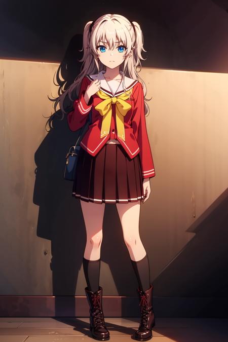 <lora:åå©å¥ç»ª1V-000010:0.8>,1girl,åå©å¥ç»ª,long hair,two side up,white hair,blue eyes,hair between eyes,
school uniform,serafuku,red skirt,pleated skirt,bag,yellow neckerchief,red shirt,collarbone,long sleeves,
socks,boots,full body, frown,, (masterpiece:1,2), best quality, masterpiece, highres, original, extremely detailed wallpaper, perfect lighting,(extremely detailed CG:1.2),