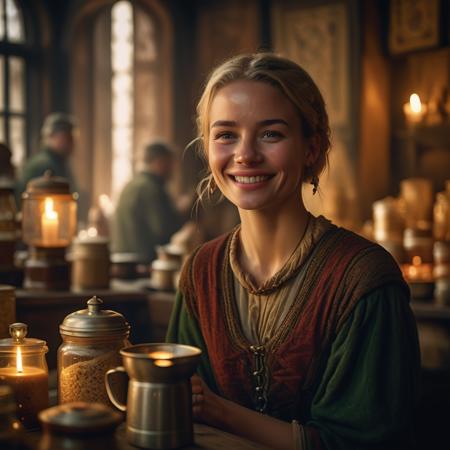 highly detailed documentary photo of vendor (coffee), 


cute face, 1girl, green eyes,  coffee grinder, earrings, freckles, jewelry, lips, short hair, smile, window, steam, ponytail, blonde hair, young, cake, coffee cup,


cute face, looking at viewer,

depth of field, blurry background,

medieval store,

masterpiece, best quality:1.1, 

ultra photoreal,
photorealistic:1.0, 
depth of field:1.1, 
(edge lighting:1.2),
(shadow play:1.2),

50mm, style of Nathan Wirth, Hasselblad X1D II, Porta 160,
