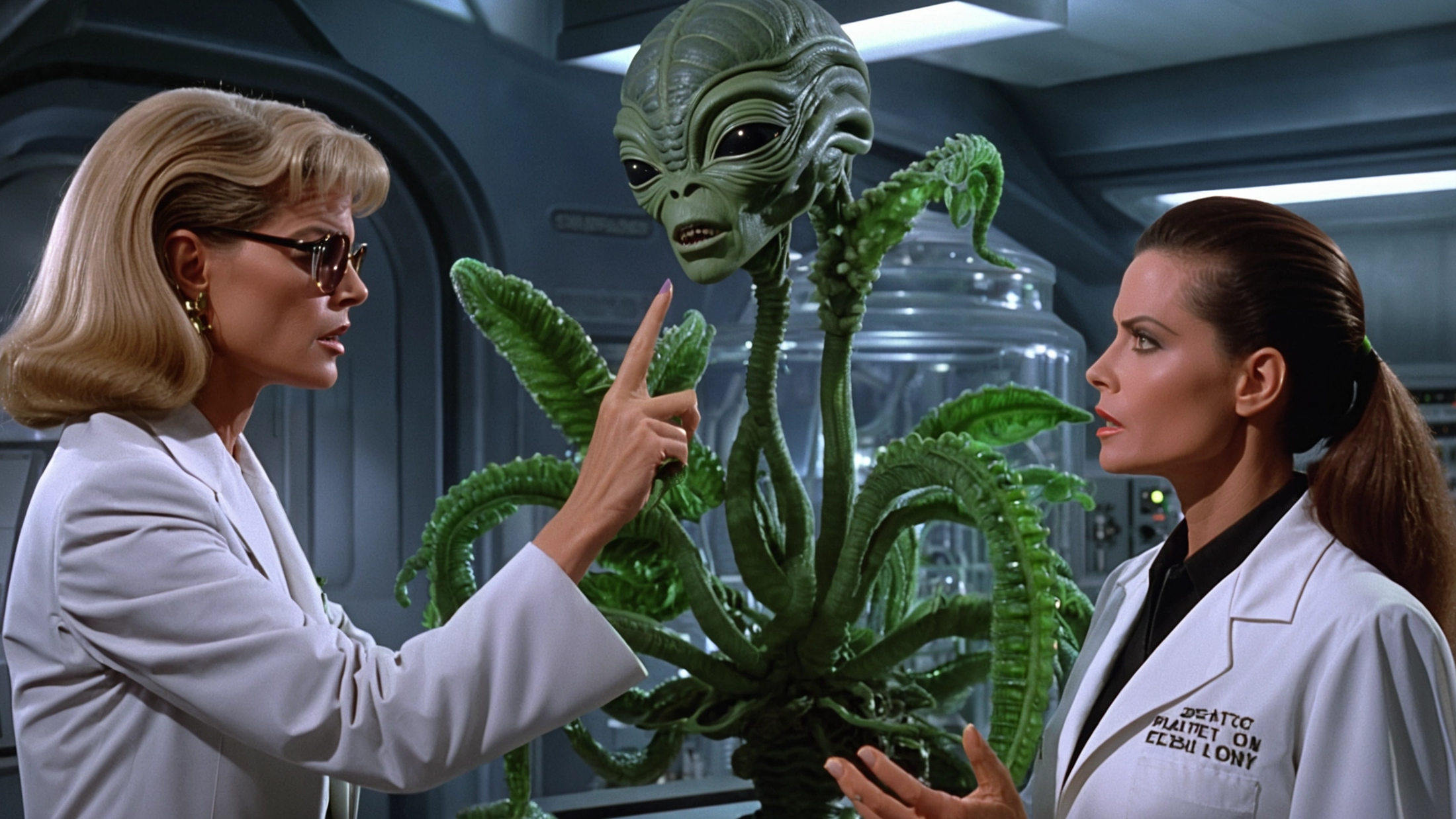 Two women pointing at a large green alien sculpture in a lab setting.