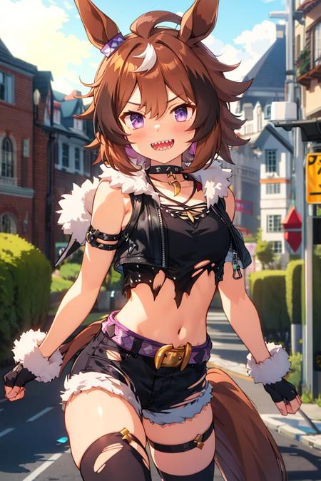 <lora:shinko_windy_v3:0.7> shinko_windy, horse girl, horse ears, horse tail, short hair, brown hair, white hair, purple eyes, streaked hair, multicolored hair, sharp teeth, fur trim, fur-trimmed jacket, cropped jacket, crop top, fur-trimmed shorts, short shorts, thigh strap, black thighhighs, torn clothes, fingerless gloves, torn thighhighs, black gloves, black shorts, belt, necklace, choker, smile,outdoors, 