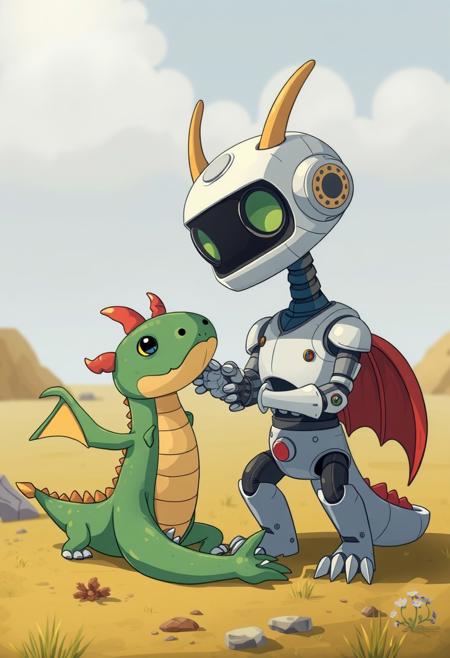 A clunky robot petting a dragon
Cartoon Pixar style