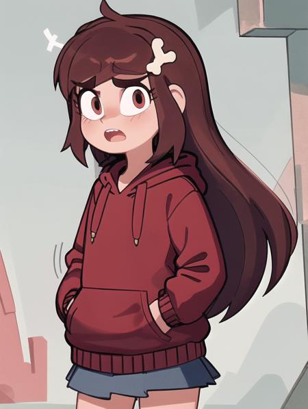 1girl, mariposa diaz, very long hair, brown hair, bone hair ornament, open mouth, (((red hoodie))) skirt, hand in pocket, outdoors,