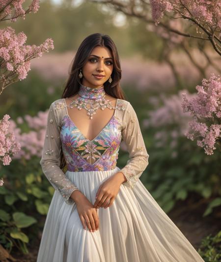 s4ar0m, nature, Spectacular light, Colorful flowering, 8k, soft lighting, high quality, film grain, Olympus OM1 sharp focus, f 3.4, (eye shadow), (eyeliner), ((detailed eyes)), (seductive pose), upper body, smile, upper body, dress, Long dress, breast, Turtleneck, Kaziranga National Park